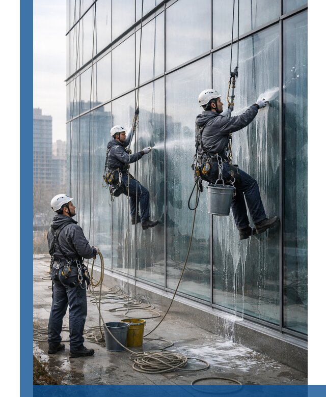 Промышленная мойка панорамных окон на высоте в Одинцове