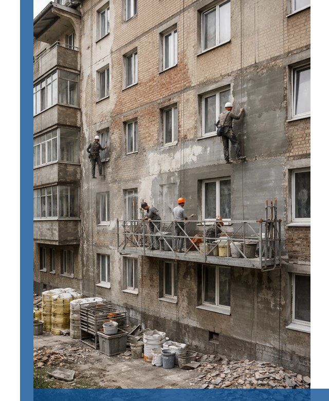 Капитальный ремонт фасада в Одинцове с восстановлением и гидроизоляцией