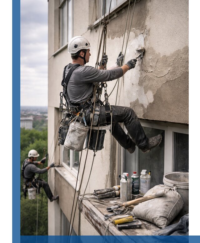 Косметический ремонт фасада зданий в Одинцове промышленными альпинистами