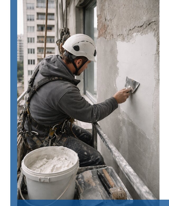 Шпаклевка фасадов на высоте с промальпинистами в Одинцове