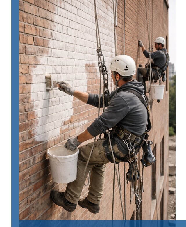 Покраска кирпичного фасада с доступным альпинистским сервисом в Одинцове