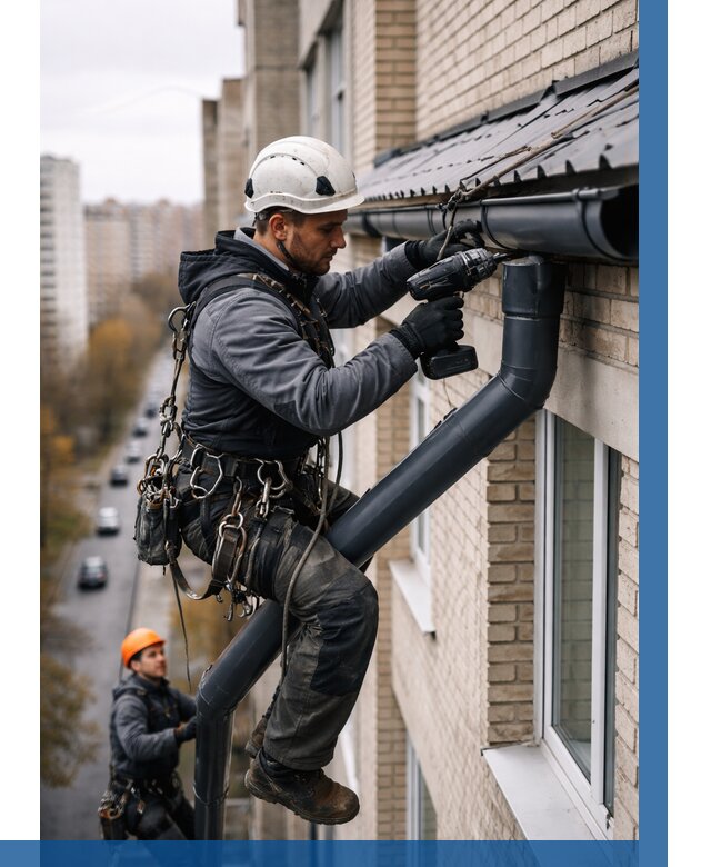 Монтаж водосточной системы на здании в Одинцове от 5178 р. | ВЫСОТНИК-Днц