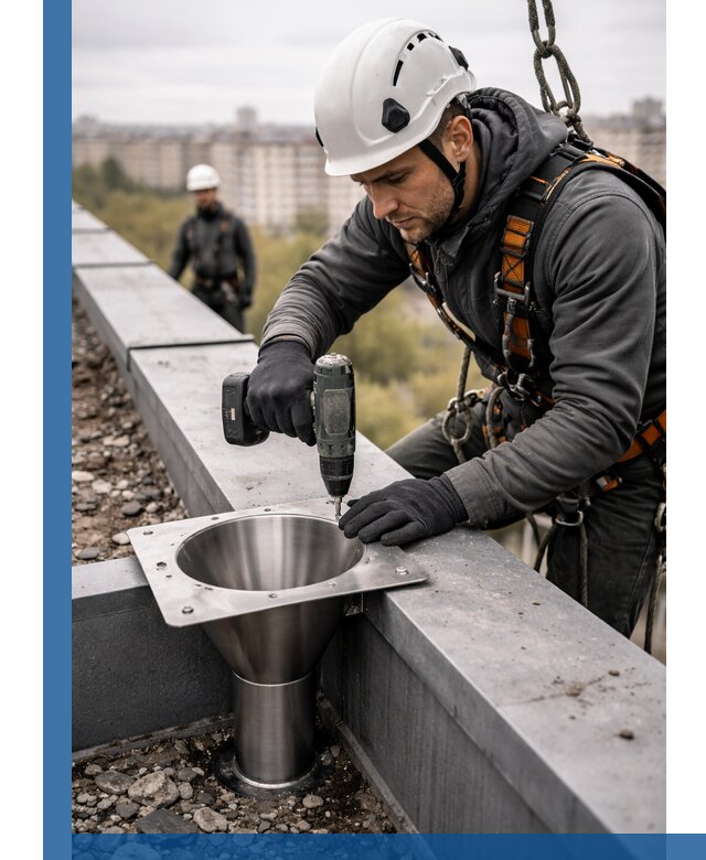 Монтаж водосточных воронок в Одинцове для промышленных зданий