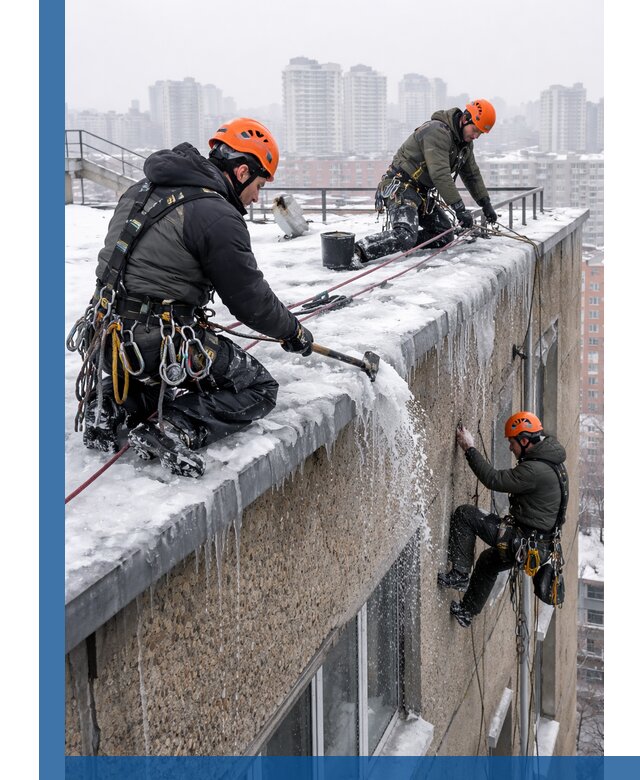 Удаление наледи с кровли в Одинцове промышленными альпинистами