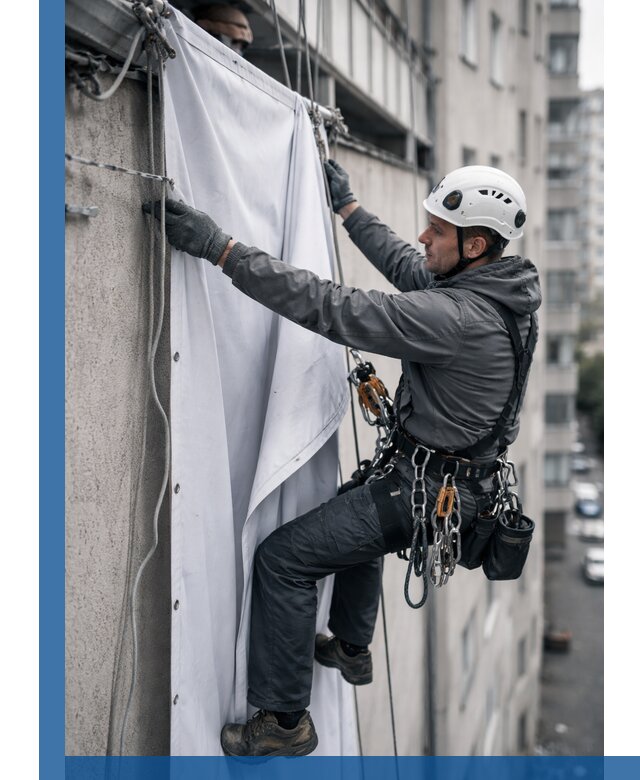 Замена баннерного полотна промышленными альпинистами в Одинцове