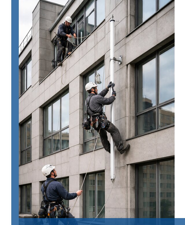 Монтаж флагштока на фасаде здания с креплением и герметикой в Одинцове