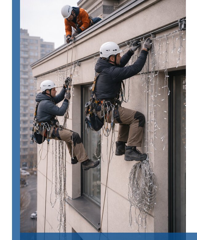 Монтаж праздничных гирлянд на фасаде в Одинцове для зданий