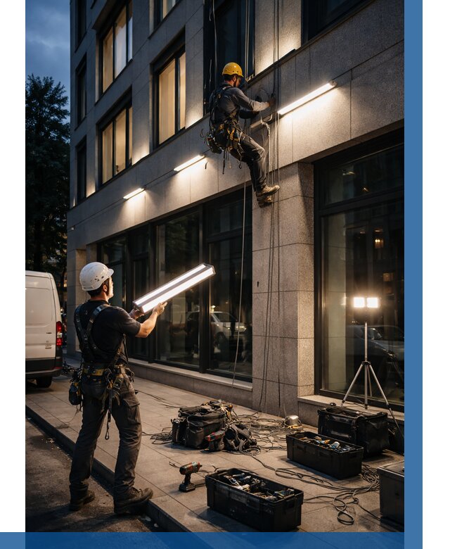 Монтаж архитектурной подсветки здания в Одинцове от 2589 р.|ВЫСОТНИК-Днц