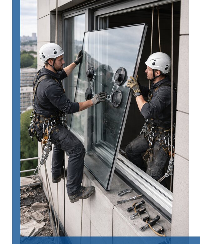 Замена стеклопакетов на высоте с промышленными альпинистами в Одинцове