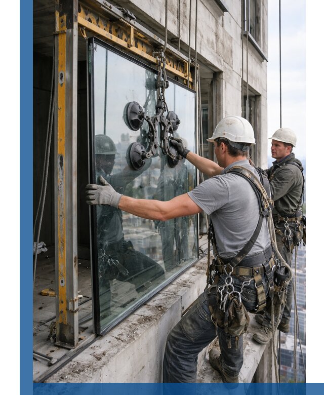 Монтаж стеклопакетов на высоте в Одинцове с промышленным альпинизмом