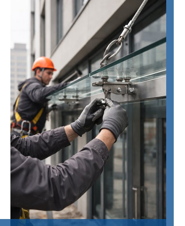 Монтаж стеклянных козырьков в Одинцове от 8803 р. | ВЫСОТНИК-Днц