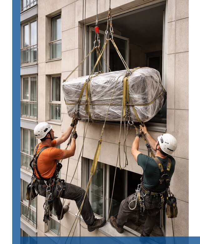 Подъем грузов через окно в Одинцове промышленными альпинистами