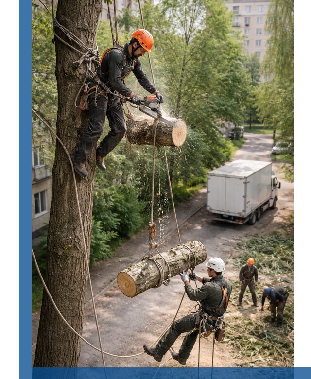 Спил деревьев альпинистами в Одинцове, безопасно и без повреждений