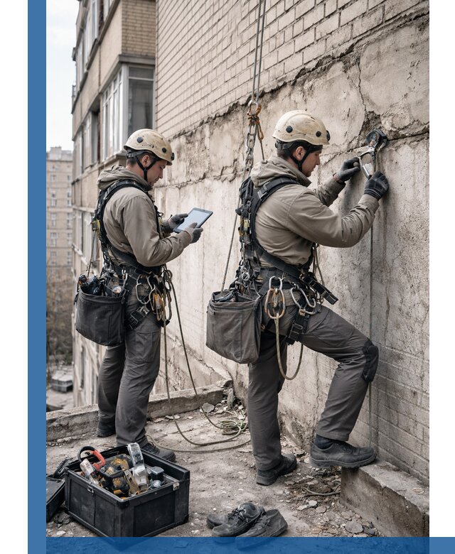 Обследование фасада промышленными альпинистами в Одинцове